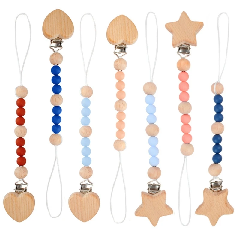 Baby Pacifier Chain Star heart Wood Clips Dummy Pacifier Clips Silicone Beads Nursing Teething Gift for Newborn Baby Boy Girl