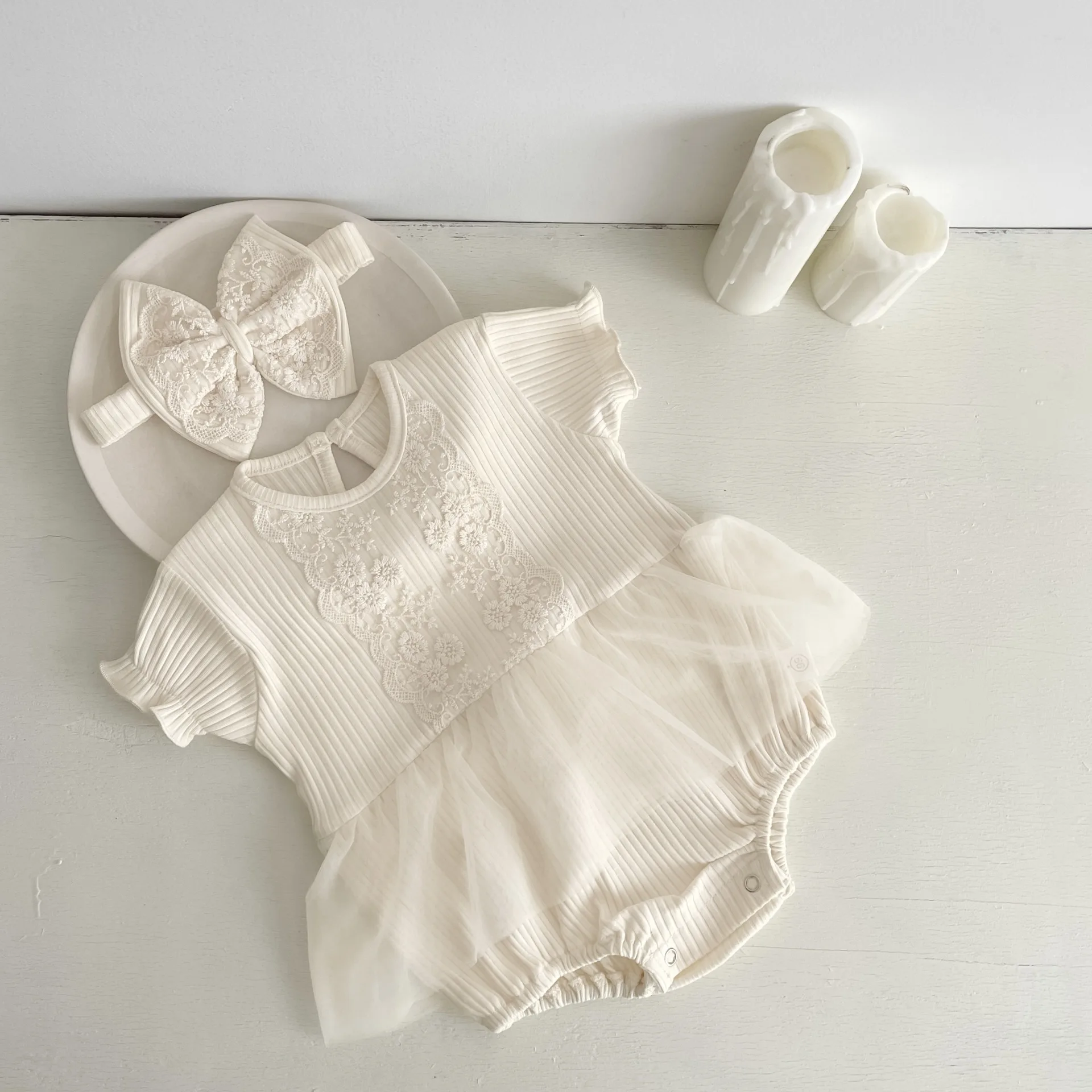 

Summer Girl Infant Mesh Pit Striped Princess Bodysuit Baby Ribbed Solid Romper Toddler Cotton Embroidery Flower Casual Onesie