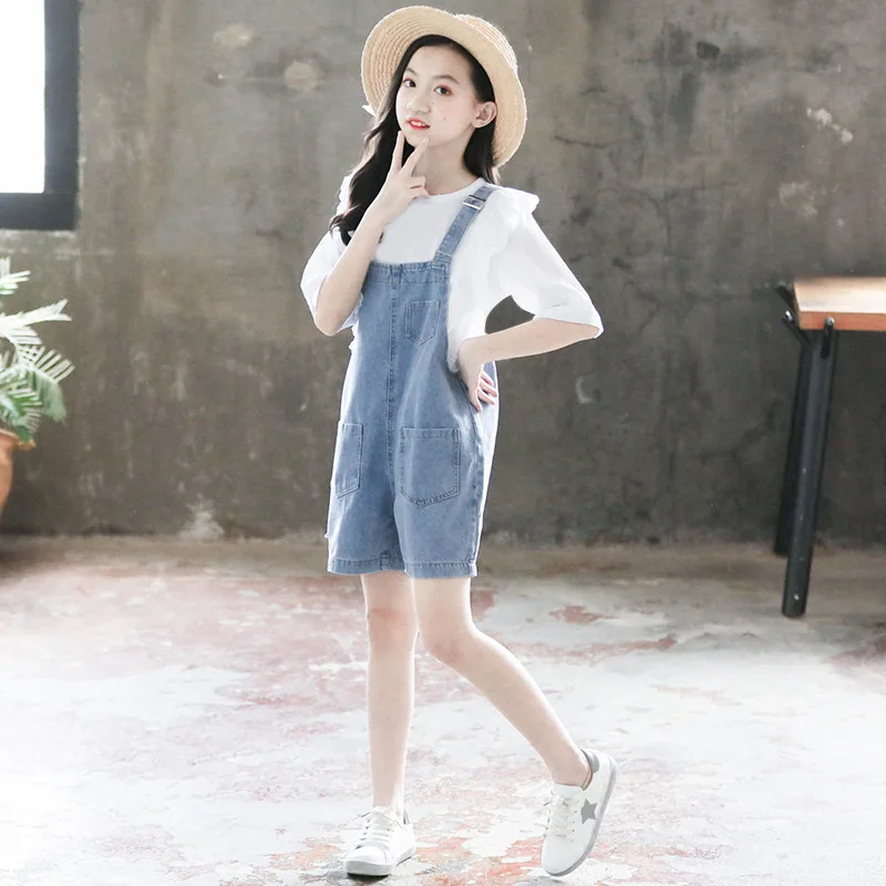 2022 летний женский костюм детская белая футболка + джинсовые короткие брюки