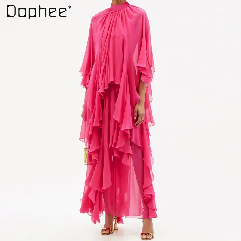 

High Class Woman Rose Red Ruffled Long Dress Elegant Stand Collar High Waist Stand Collar Birthday Ruffle Dresses for Women