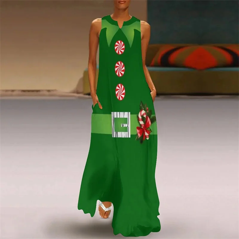 Зеленое праздничное рождественское длинное платье с принтом Санты для женщин