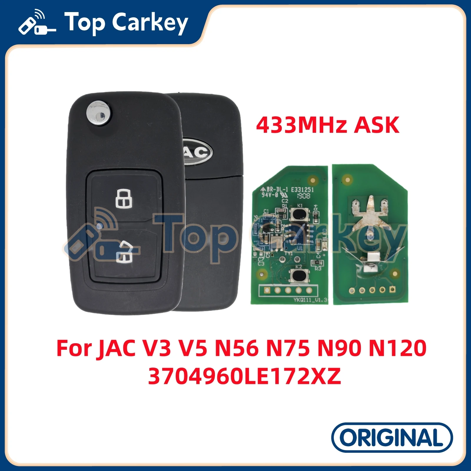 

Оригинальный откидной дистанционный ключ TopCarkey 433 МГц ASK для JAC V3 V5 N56 N75 N90 N120 Грузовик Urban HFC1121 Откидной ключ 3704960LE172XZ