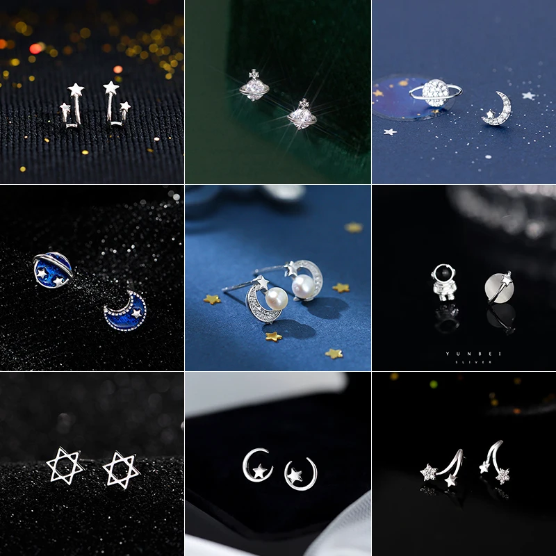

Fashion S925 Silver Moon Star Stud Earrings Silver Color Earrings for Women Girl Pearl Ear Piercing Jewelry For Party Gift