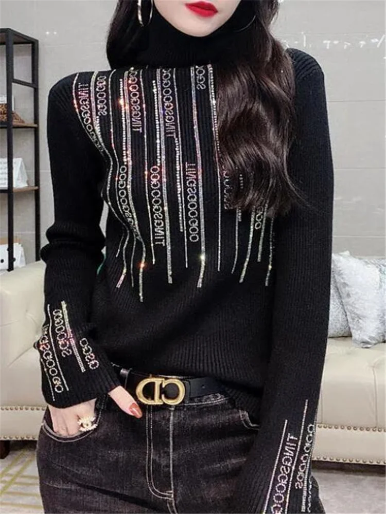 

Letter Hot Drill Knitted Sweater LadyPullover High-necked Kintwear For Women Winter Warm Slim Bottoming Top Female Thick Sweater