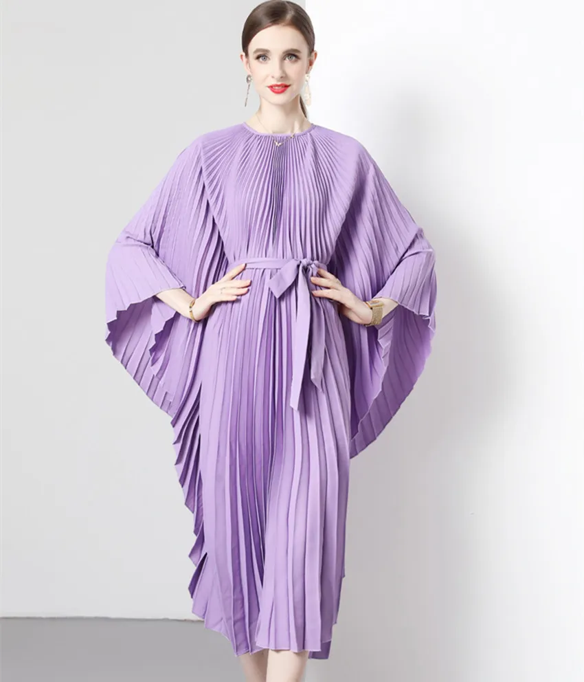 High Quality Chic Autumn Pleated Irregular Dress For Women O Neck Batwing Sleeve Lace Up Belt Purple Ruffles Loose Midi Vestidos