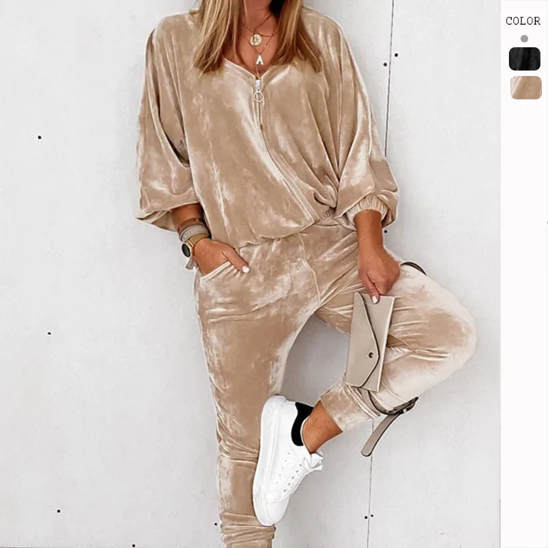 

Женский бархатный комплект из двух предметов, толстовка на молнии с длинным рукавом и облегающие брюки, повседневный спортивный костюм, Осень-зима