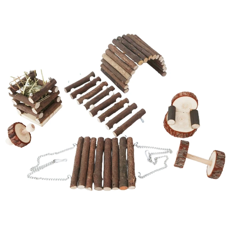 

7Pcs Hamster Chew Toys Set Natural Wood Hamster Toy Cage Accessories Ladder Bridge Hideout Swing for Guinea Pig Gerbil