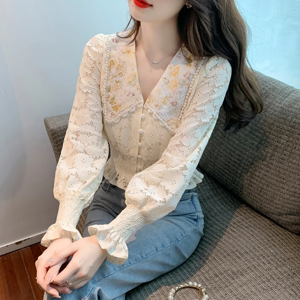

Осенние Рубашки, Женская винтажная французская укороченная кружевная шикарная блузка, топы, новые элегантные рубашки, модные женские блузы