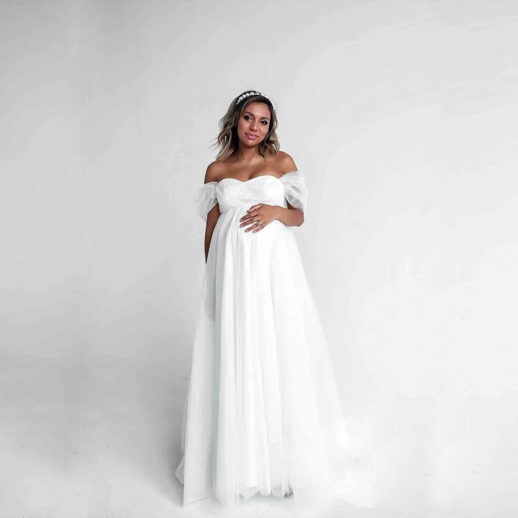 

Chiffon Maternity Dress For Photoshoot Flowy Off Shoulder Lace Photography Gown Baby Shower Pregnant Wedding Bride Dress