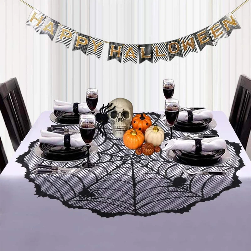 

Lace Spider Web Skeleton Skull Tablecloth Black Fireplace Mantel Scarf Event Party Decoration Supplies Halloween Decoration