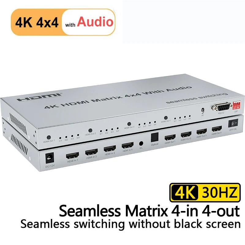 Фото Матричный HDMI-коммутатор 4x4 4K с аудиовыходом (бесшовное переключение) для ТВ-приставок, компьютеров, проекторов, ПК, PS3/4, HDTV №1