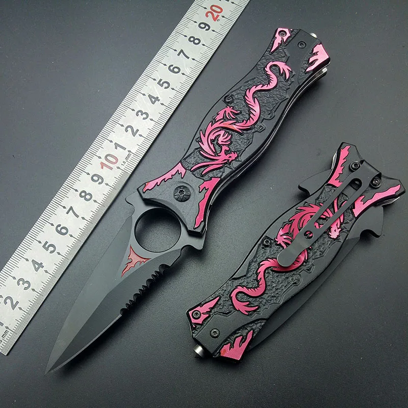 

Охотничий нож для кемпинга, выживания, карманный нож из нержавеющей стали, Мультитул для пешего туризма, ножи с рисунком красного дракона, складной нож, уличный набор