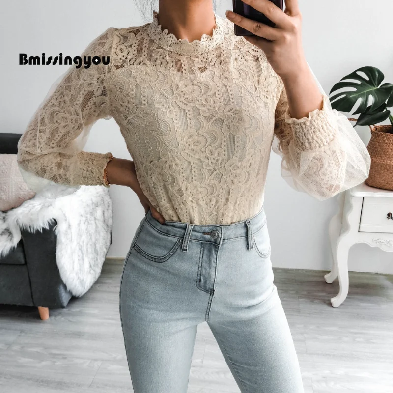 Bmissingyou Fashion Beige Lace Half High Collar Women Casual Tops Long Sleeve Slim Fits Female Streetwear Top Back Button