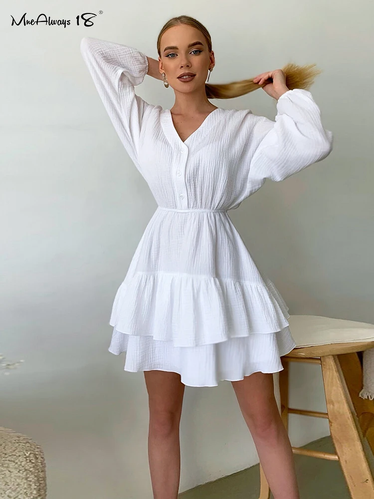 

Mnealways18 Chic Lantern Sleeve Ruffles Dress Women A-Line Cascading Ruffle Elegant Short Dress Ladies Autumn White Dress Party