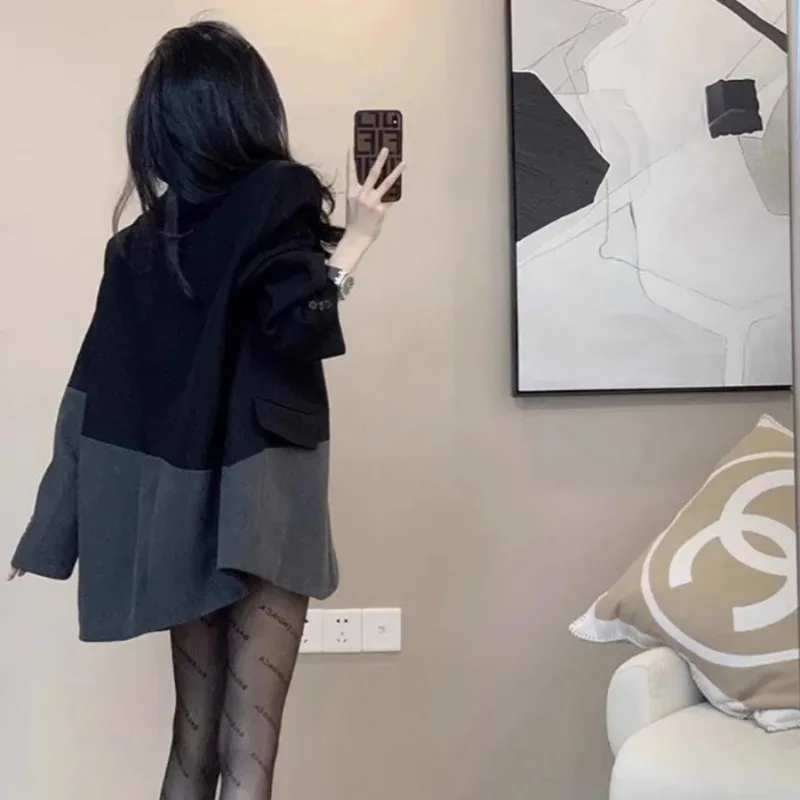 łniana marynarka damska wiosenna biurowa prosta na wszystkie mecze osobowość atrakcyjna luźna patchworkowa w stylu koreańskim z temperamentem