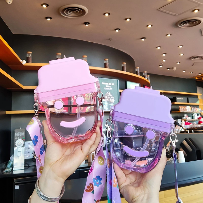 

New Cute Smiley Ice Cream Water Bottle With Straw With Strap Creative Clear Popsicle Plastic Cup Portable Child Drinking Bottles