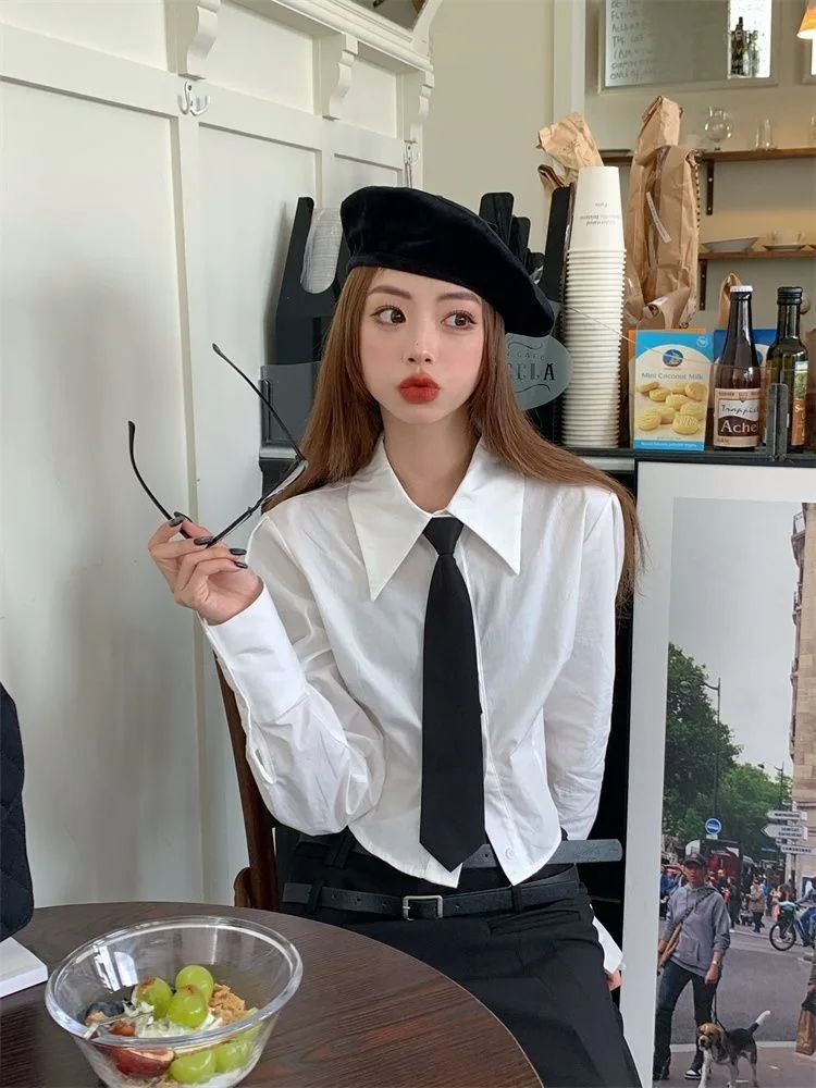 Белые укороченные рубашки в стиле преппи Женская корейская модная блузка с