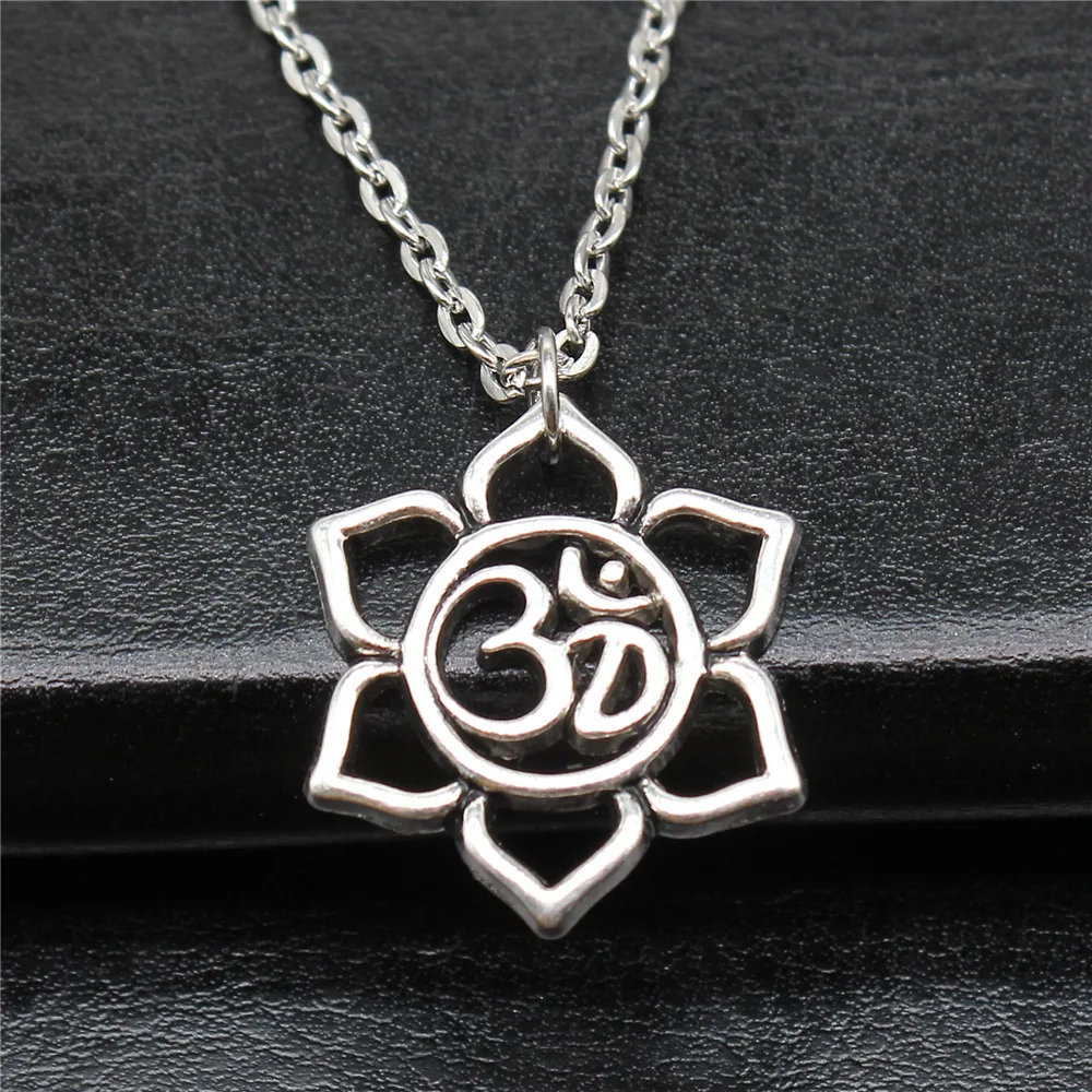 

Fashion Simple Vintage Antique Silver Color 23x23mm Lotus Om Pendant Necklace For Women