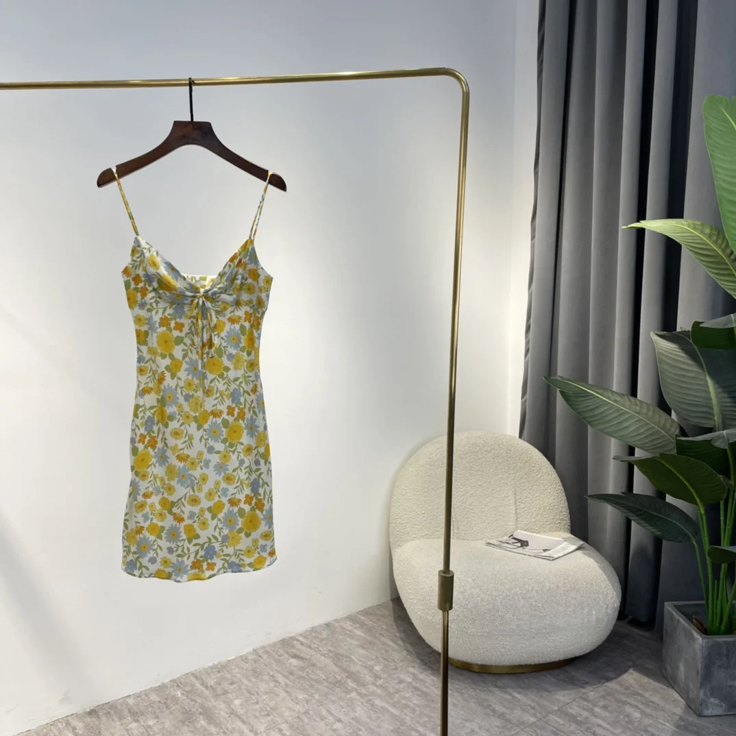 

Slim Fit Sexy Mini Dress 2022 Summer New Hot Sale Beach Style Yellow Floral Print Pure Silk Designer Clothes