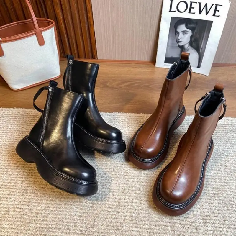 

2022 Women Ankle Boots Sutumn Winter Zipper Thick-Soled Round Toe Solid Lady Chimney Boots Fashion Concise Casual Females Shoes