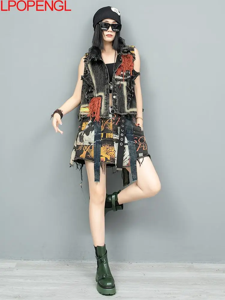 Женский костюм из двух предметов джинсовый жилет и шорты юбка потертого денима с