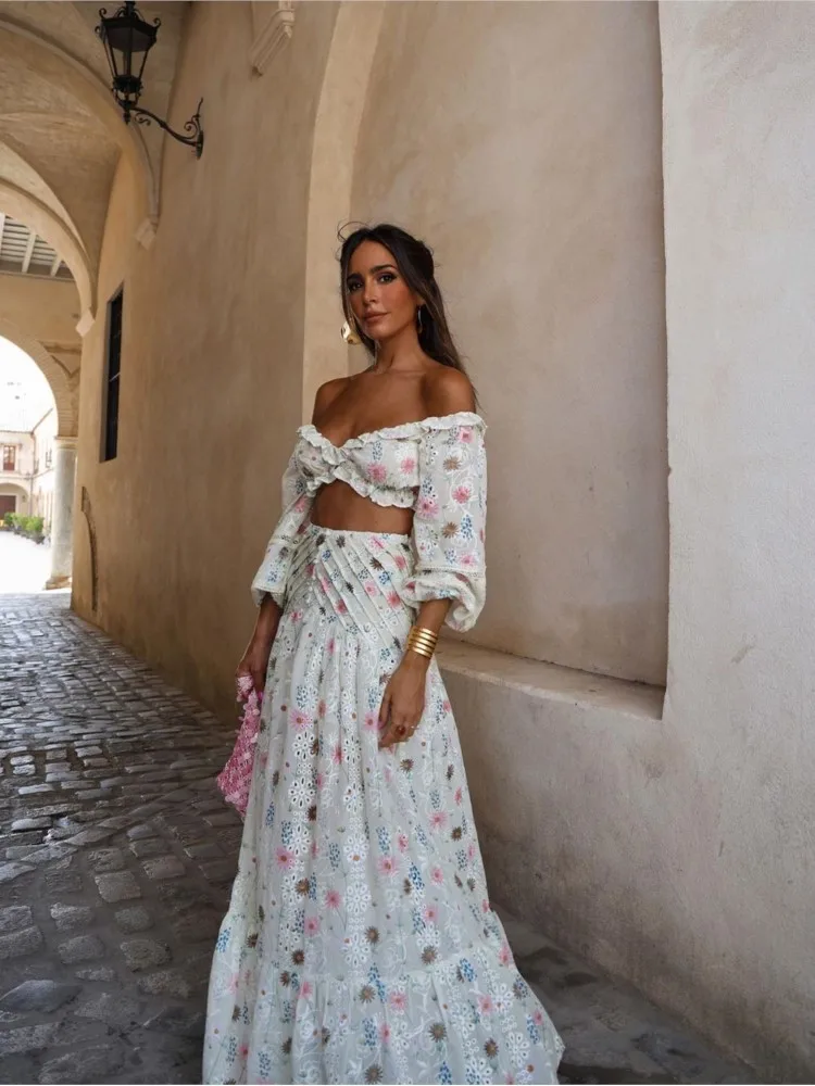 

Crop Tops Midi Skirt Suit Elegant Fashion Party Club Outfits Women Floral Print Hollow Out Skirt Set Lantern Sleeve Off Shoulder