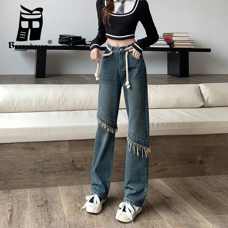 

Широкие брюки, женская одежда, женские брюки с высокой талией и кисточками, модные корейские женские брюки, мешковатые джинсы Y2k, одежда 90-х, Yk2