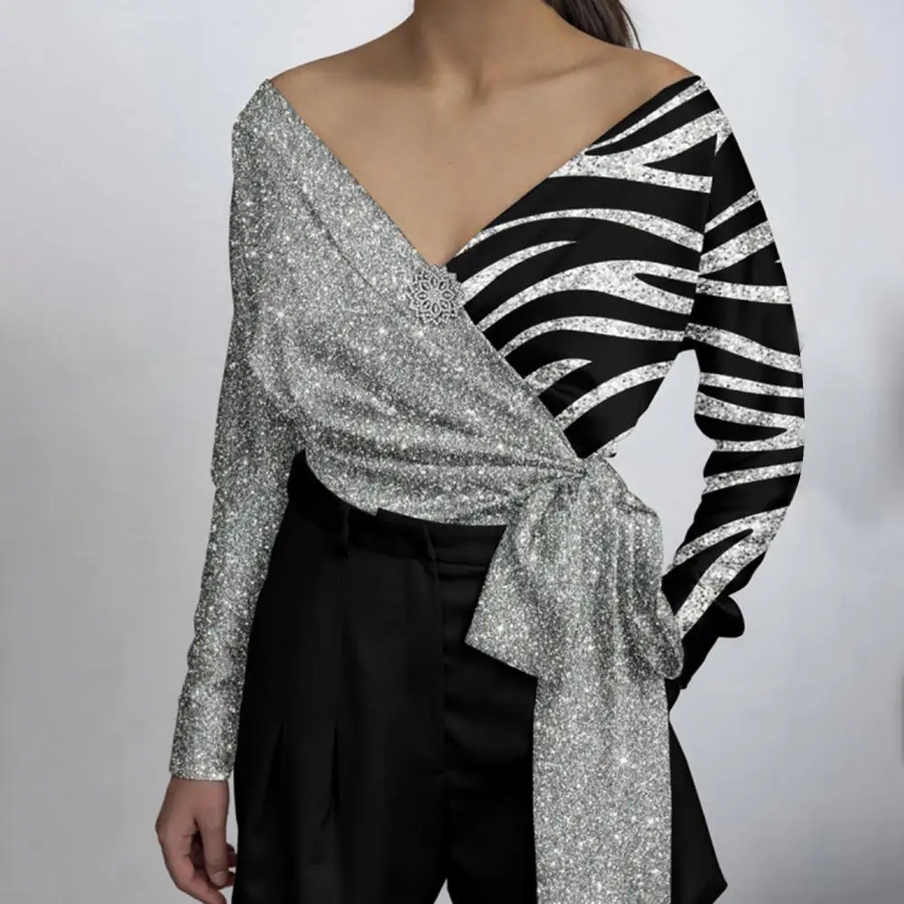 

Dropshipping!! Women Shirt Deep V Neck Shiny Sequin Contrast Color Spring Shirt for Dating