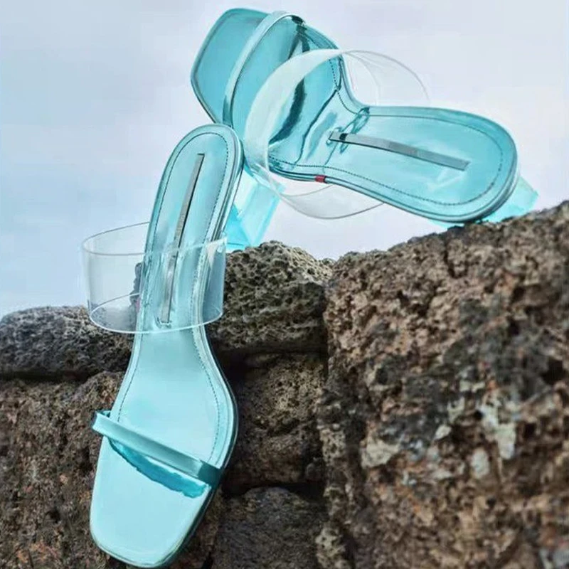 

Шлепанцы женские на квадратном каблуке, сандалии на среднем каблуке из ПВХ, прозрачные, сланцы, летняя обувь, 2023