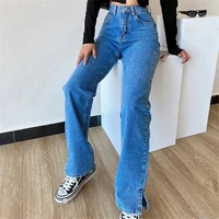 solid split denim trousers fashion washed cotton straight blue jeans 2022 spring and autumn womens jeans temperament commute