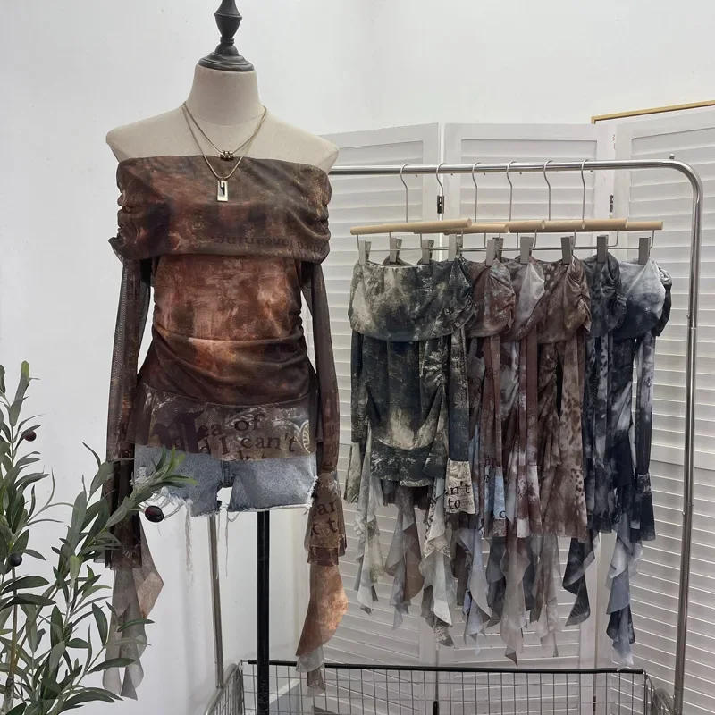 Женский сетчатый топ на одно плечо с принтом плиссированная рубашка длинным