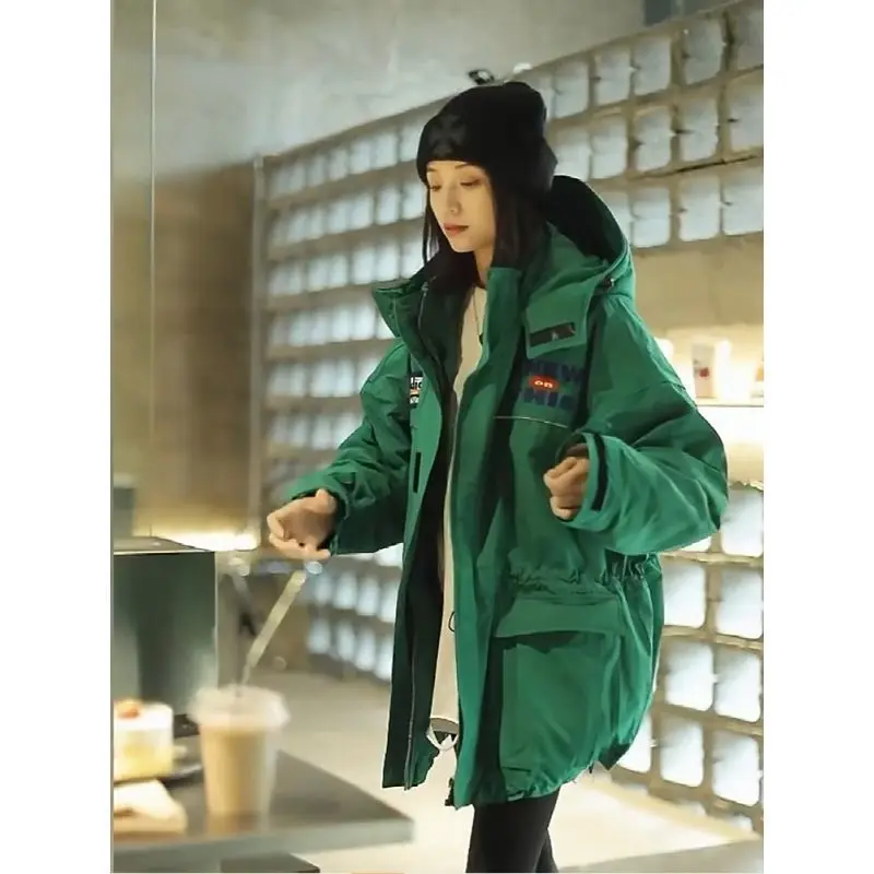 Europe Autumn Winter New Cotton Padded Jacket College Women Hooded Cargo Parkas Warm Loose Casual Versatile Outdoor Overcoat