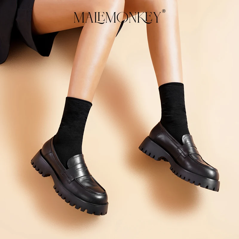 Retro Chunky Loafers Women Genuine Cow Leather 2023 Spring High Qualtiy Platform Shoes Round Toe Slip on Ladies Flats Handmade