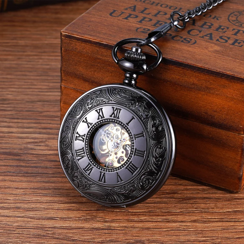 Большие черные резные римские шкала с белой поверхностью механические карманные