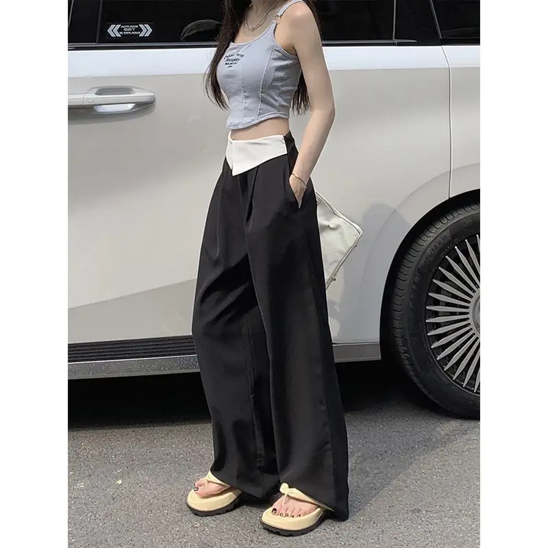 

Женский летний костюм с фланцевыми брюками, свободные прямые брюки с широкими штанинами, черные минималистичные Пригородные брюки с высокой талией, новинка 2023