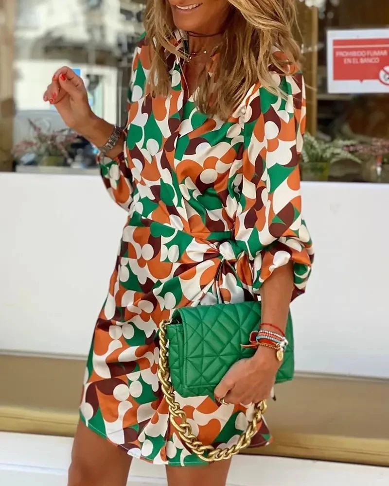 

Allover Print Lantern Sleeve Tied Detail Dress