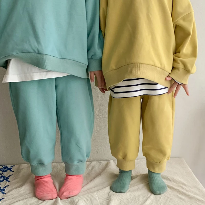 

Спортивный костюм для девочек и мальчиков, хлопковая футболка с длинным рукавом и штаны, комплект в Корейском стиле, весна-осень