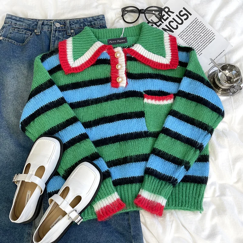 

Женский мохеровый свитер в полоску спереди, зеленый весенний джемпер с лацканами и жемчужными пуговицами и карманами