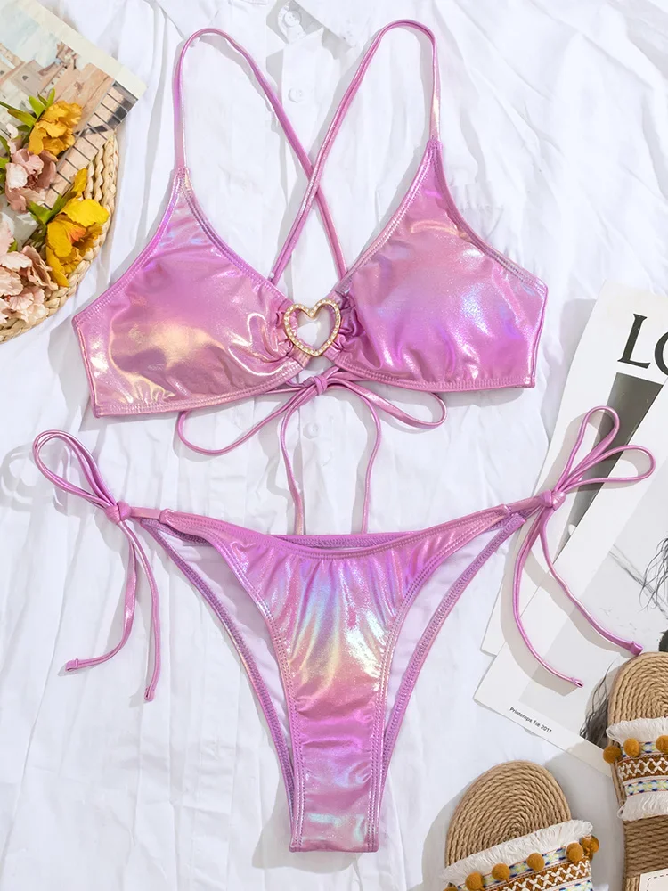 Блестящие бикини из искусственной кожи с сердечком и бриллиантами женский