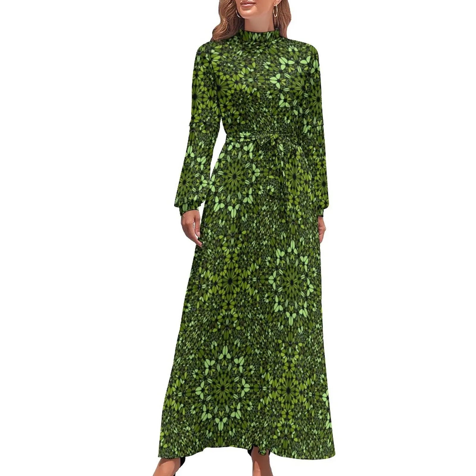

Abstract Mandala Dress High Neck Green Geometric Print Graphic Bohemia Dresses Long Sleeve Aesthetic Long Maxi Dress Vestido