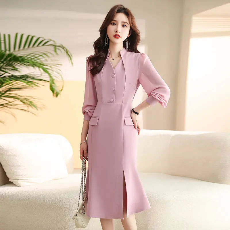 Elegant Formal Dresses For Women 2023 Spring Fashion Korean Slim Fit Mid Length Split Fishtail Dress Office OL Clothing Z1173