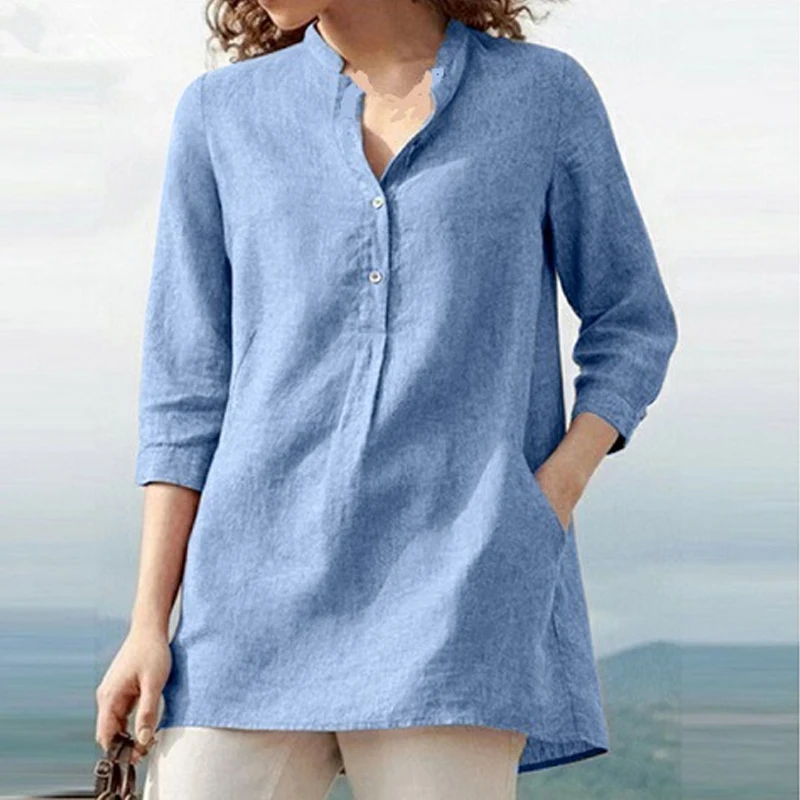 

Woman Spring Button Three-quarter Sleeve Cotton Linen Pullover Top Blouse Summer Retro Simple Harajuku Casual T Shirt Plus Size