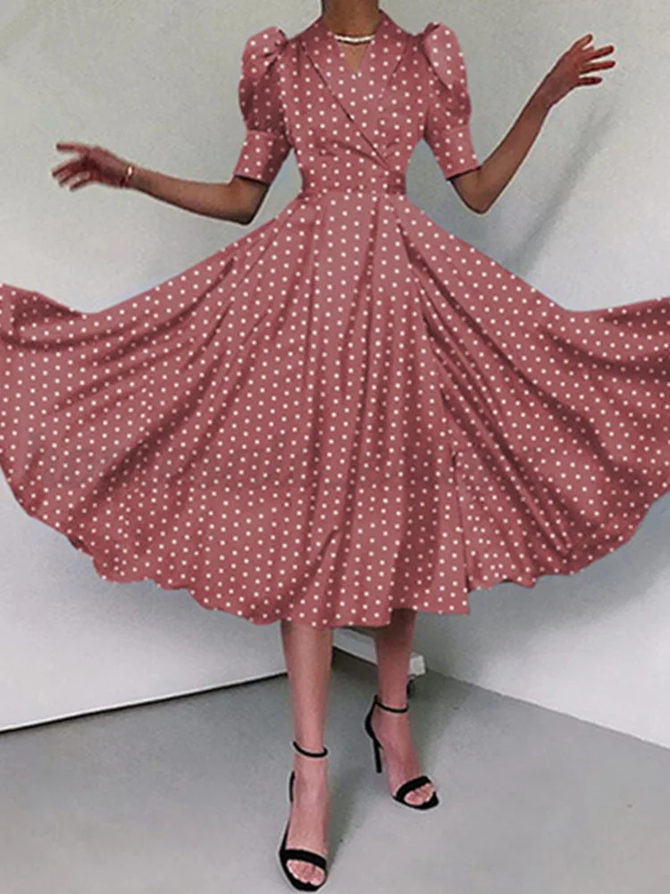 

Retro Polka Dot Print Hem Boho Long Dress Women Spring Sexy Turn-down Collar Office Dress Summer Puff Sleeve Night Party Dresses