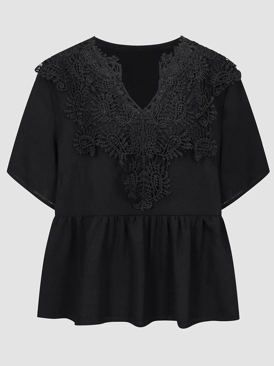 

Finjani Plus size Guipure Lace Notched Neck Blouse Black Polyester Women's Long Sleeve Top