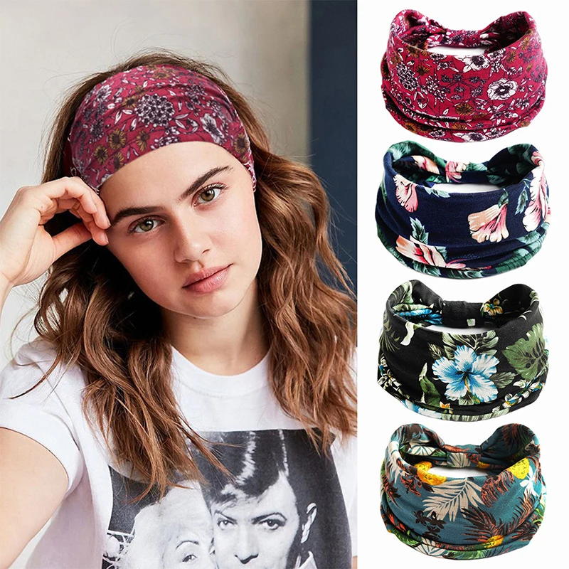 

New Knotted Elastic Hair Bands Hair Accessories Cashew Flower Print Wide Headband Yoga Exercise Cotton Turban Headwrap DIY Soft