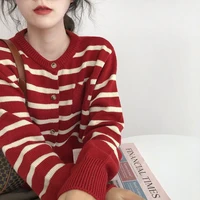womens sweater cardigan spring retro simple fashion chic ladies soft stripes all match exquisite fit korean casual new style