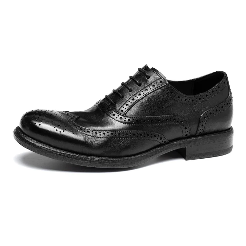 

New Luxury Italian Men Brogue Shoes Formal Fashion Retro Round Toe Handmade Genuine Leather Casual Black Oxfords Shoes for Male