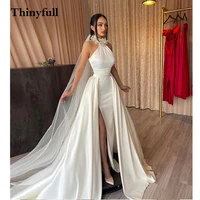 thinyfull royal soft long a line high neck wedding dress sleeveless pearls side slit country princess bride bridal dresses gowns