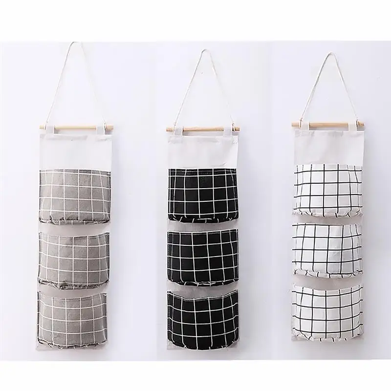 

Cotton Linen Hanging Storage Bag 3 Pockets Wall Mounted Wardrobe Hang Bag Wall Pouch Cosmetic Toys Organizer