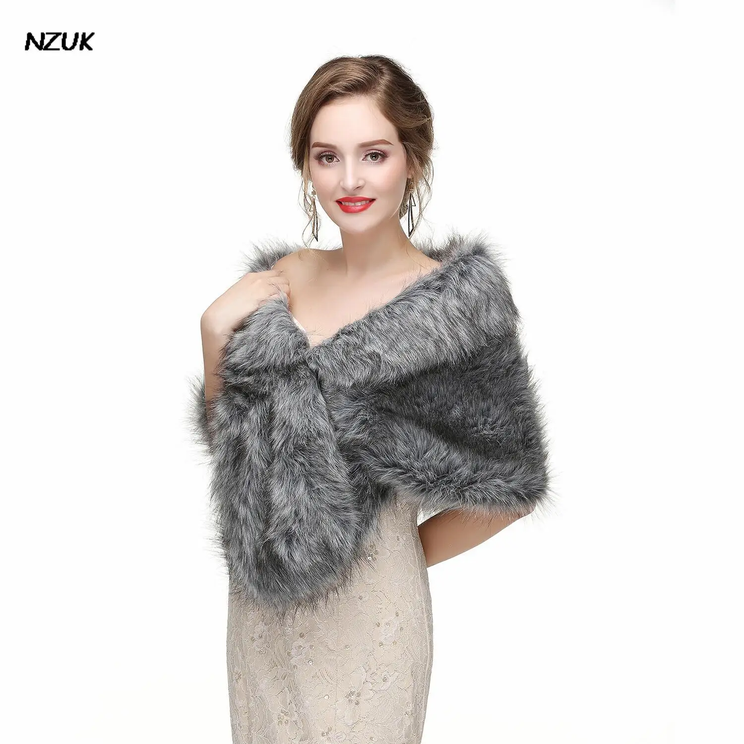 

NZUK Shrug Winter Capes Wraps Fronzen Chale Mariage Gray Fur Wedding Shawl Women Faux Fur Jacket Bridal Cape Bolero Noiva